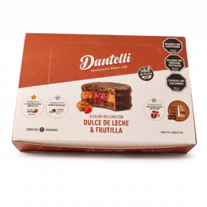 Caja Alfajor "Dantelli" de dulce de leche y dulce de frutilla 12u x 40gr