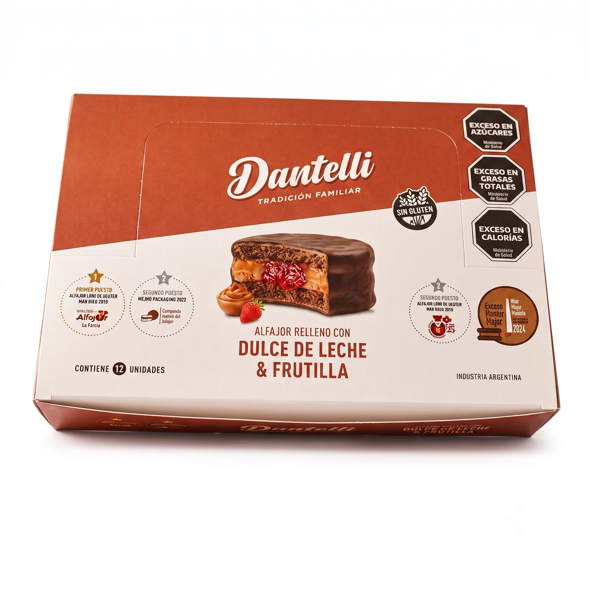 Caja Alfajor "Dantelli" de dulce de leche y dulce de frutilla 12u x 40gr